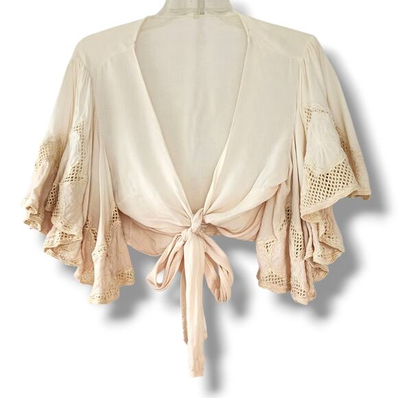 surf gypsy S/M Boho Whimsy Romantic Fairy eyelet Dip Dye Tie Front Top Cream - Picture 1 of 9